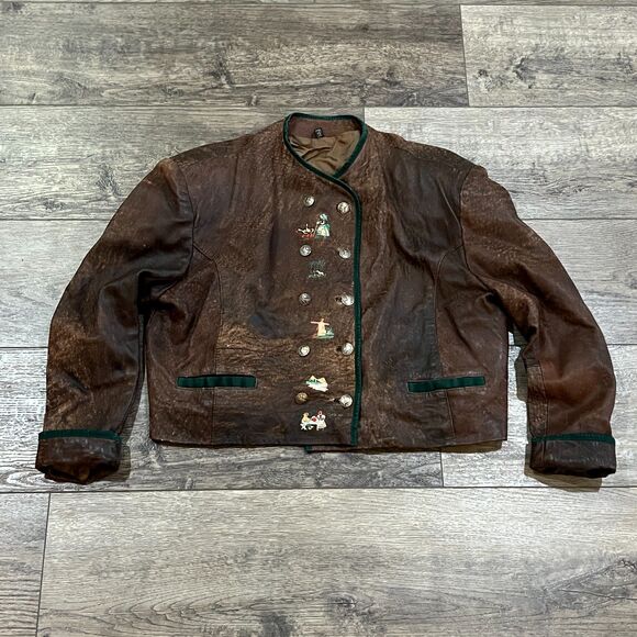 Vintage 70s German Trachten Embroidered Leather Jacket Size 46 Echts Leder Brown - Picture 1 of 13